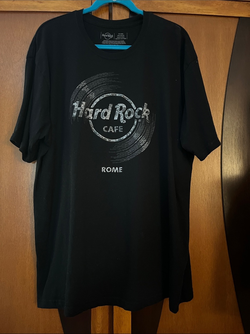 #42 - Rome Hard Rock Cafe Black T-Shirt with Silver Album Logo - Preloved